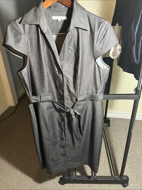 cleo Charcoal Gray Button-Front Midi Dress with Tie Belt